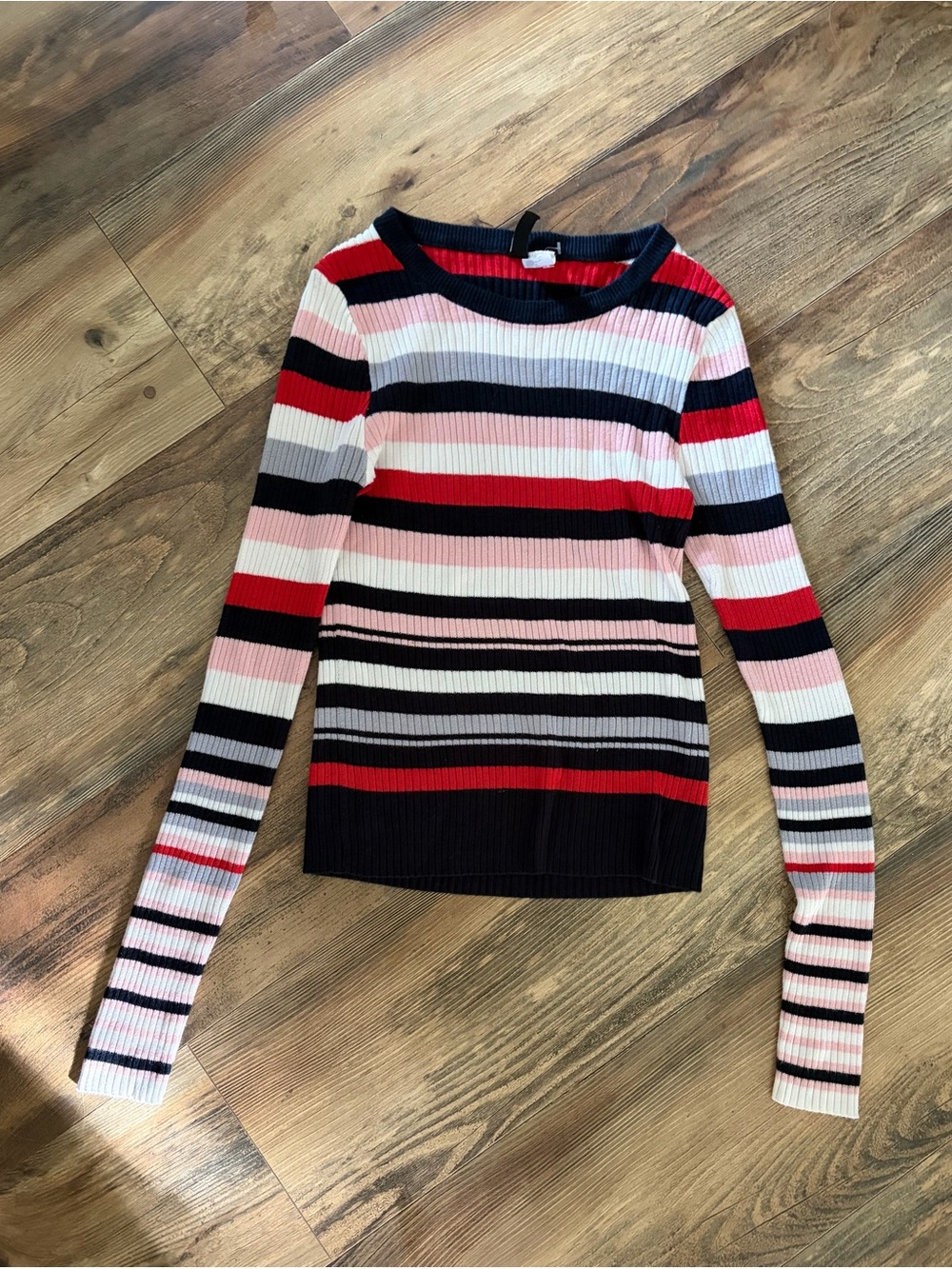 Divided Ribbed Crewneck Sweater in Red, Black, Pink & White
